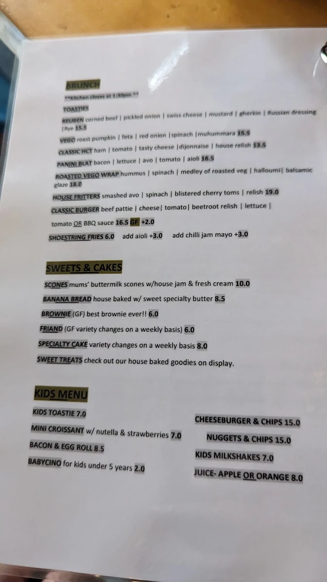 Menu, George St Loft