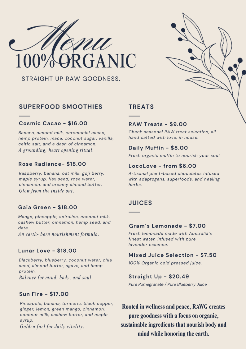 Menu, RAWG Organics