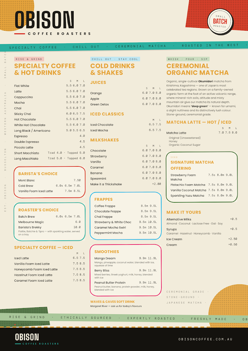 Menu, Obison Coffee Roasters Busselton - Origins Market