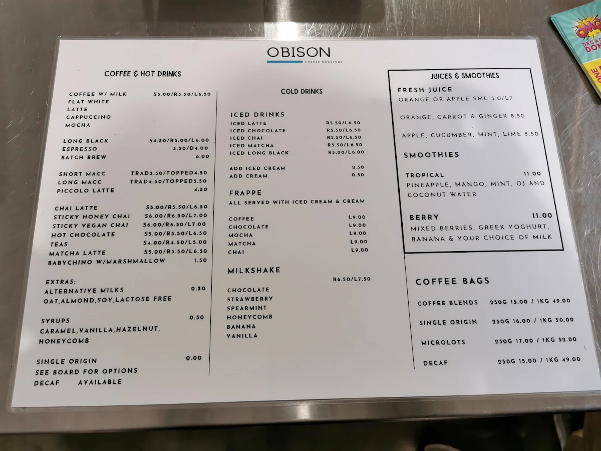 Menu, Obison Coffee Roasters Busselton - Origins Market