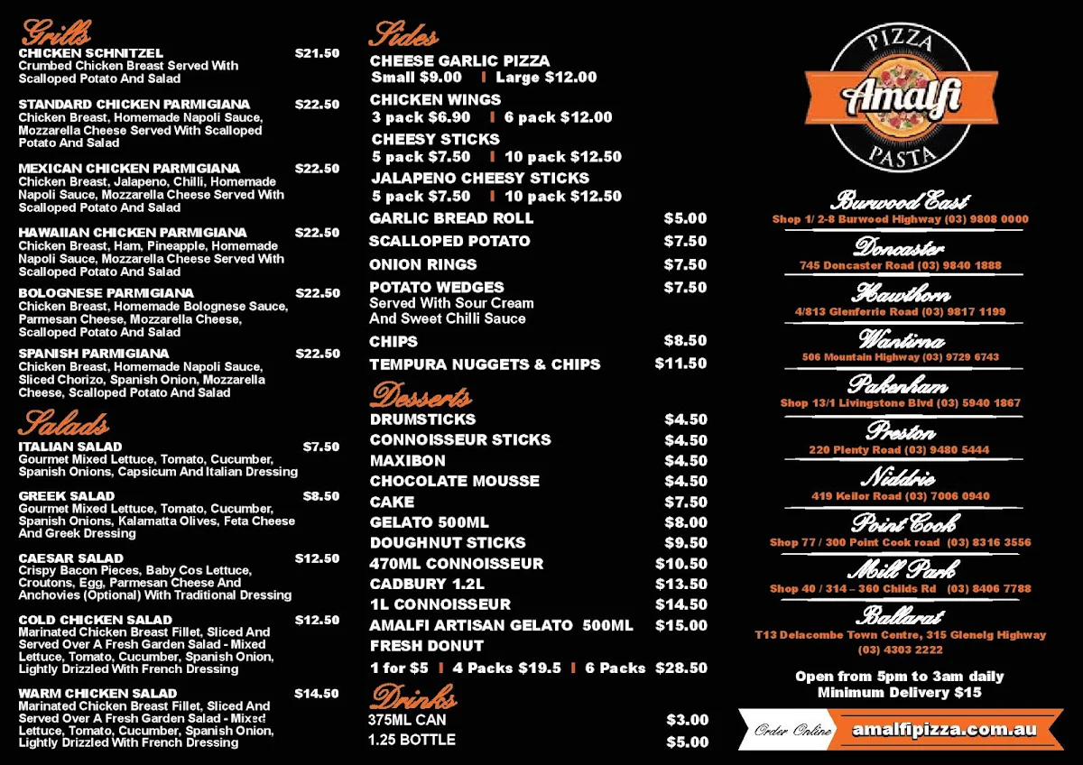 Menu, Amalfi Pizza & Pasta Pointcook