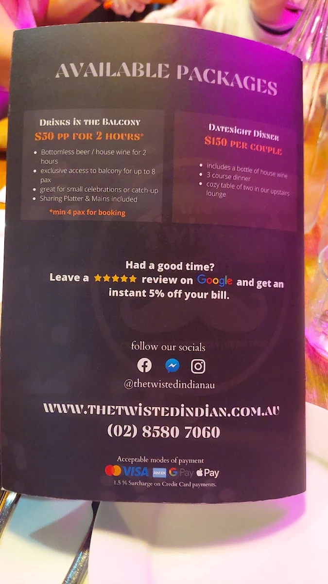 Menu, The Twisted Indian Restaurant