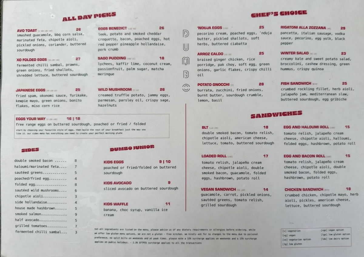 Menu, Dumbo