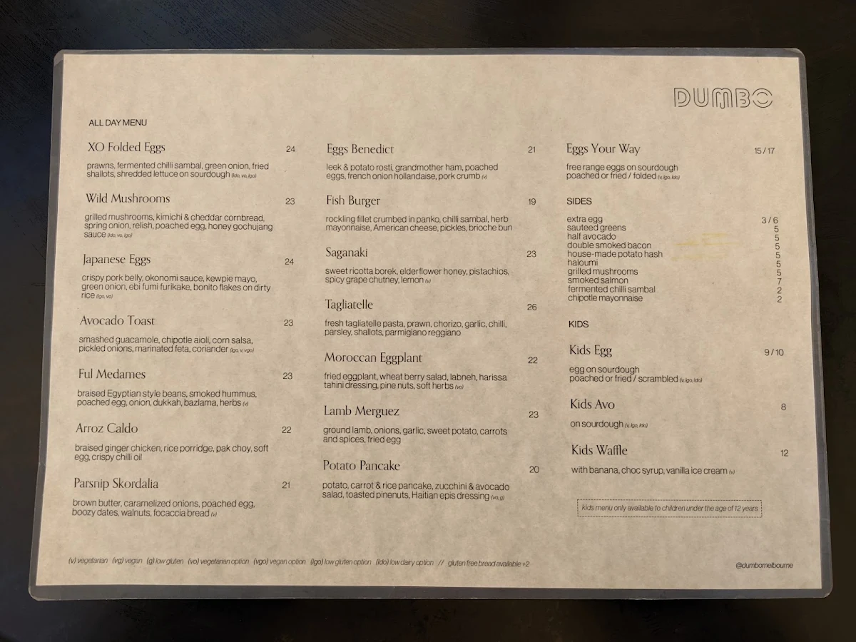 Menu, Dumbo