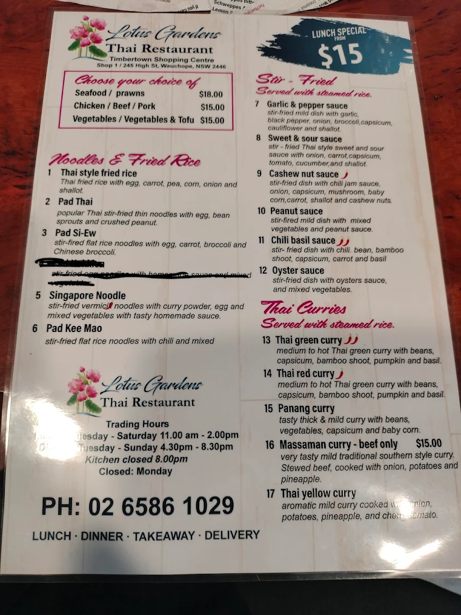Menu, Lotus Garden Thai