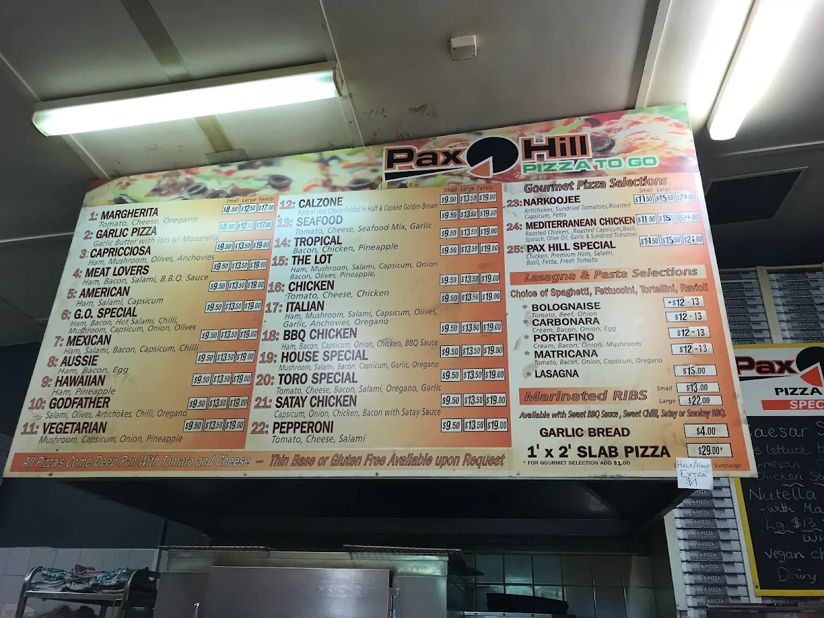 Menu, Pax Hill Pizza