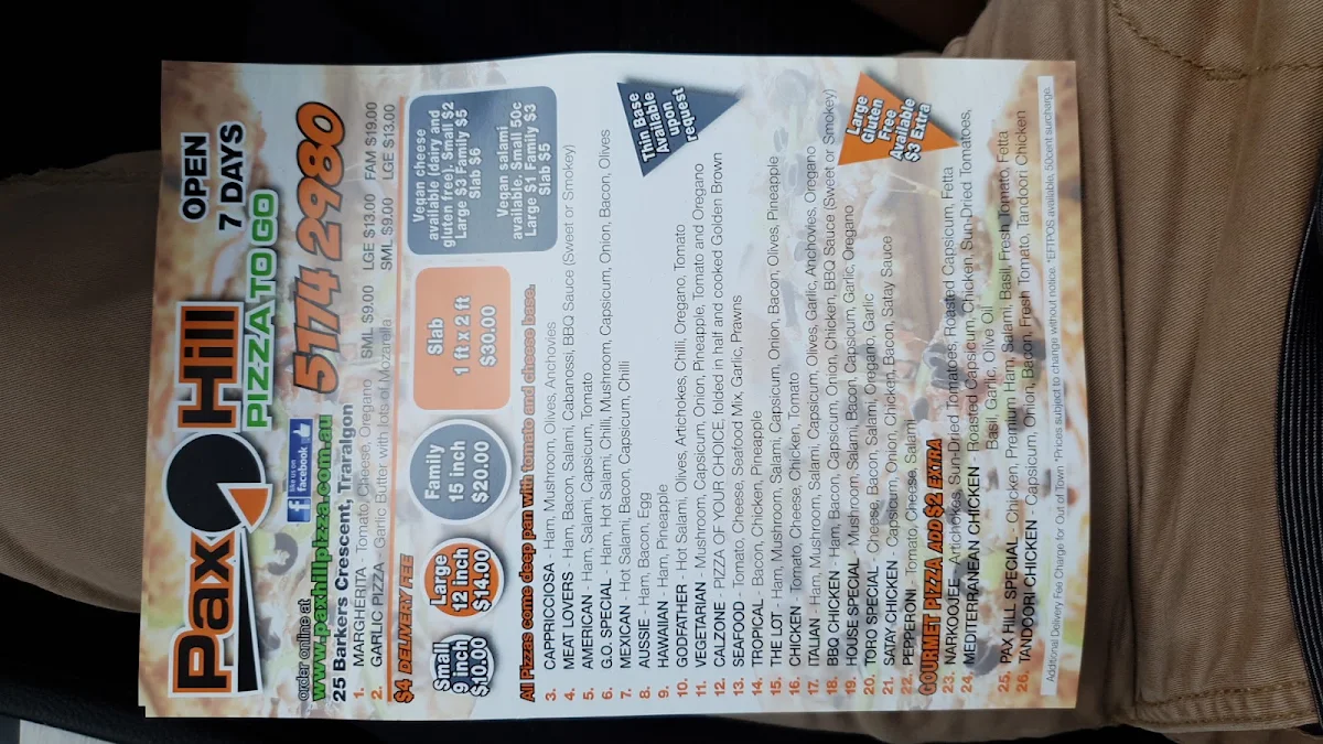 Menu, Pax Hill Pizza
