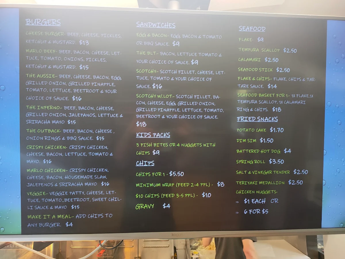 Menu, Marlo Ocean View Takeaway & Kiosk