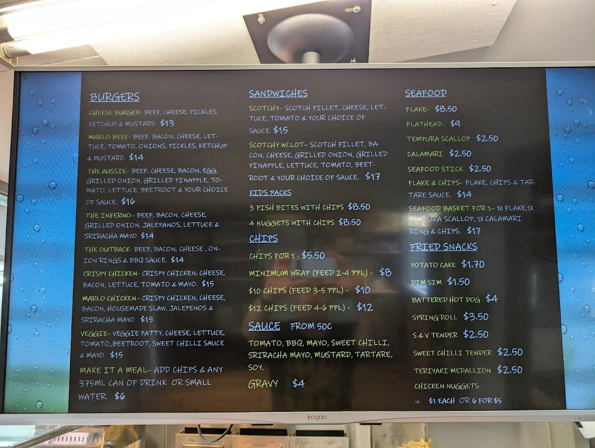 Menu, Marlo Ocean View Takeaway & Kiosk