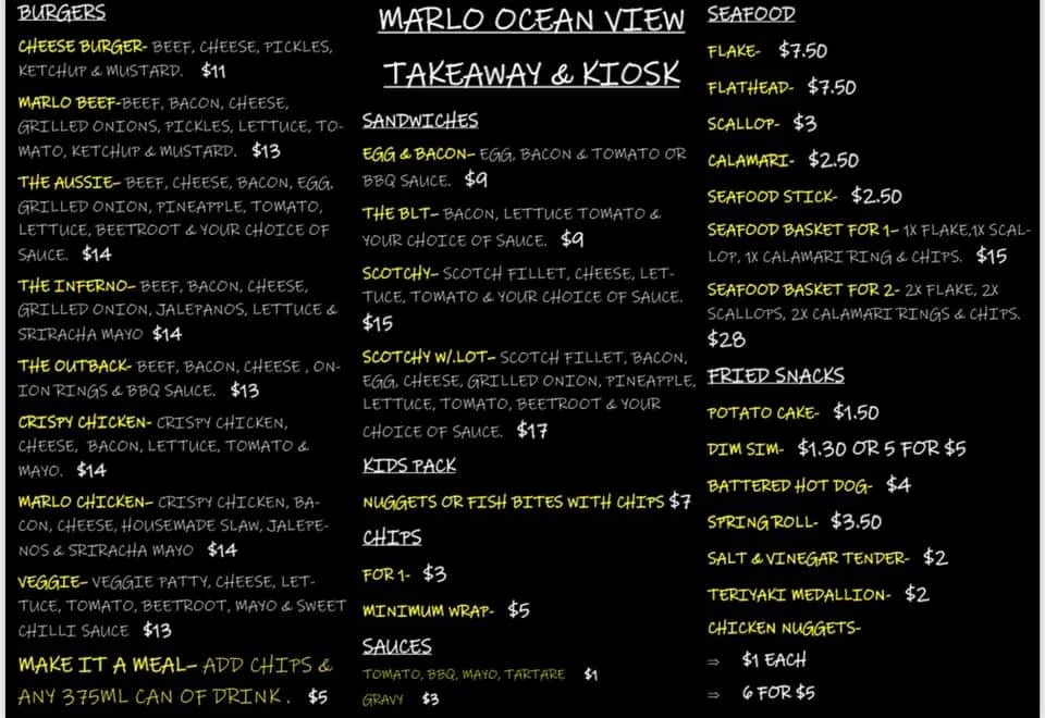 Menu, Marlo Ocean View Takeaway & Kiosk