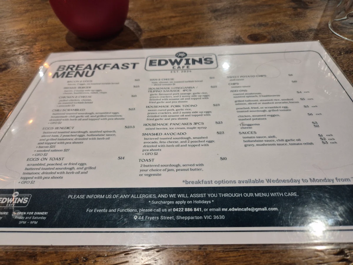 Menu, Mr. Edwin’s Cafe