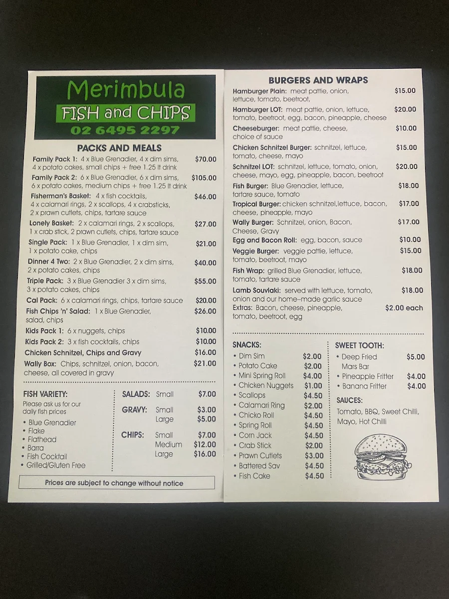 Menu, Merimbula Fish and Chips