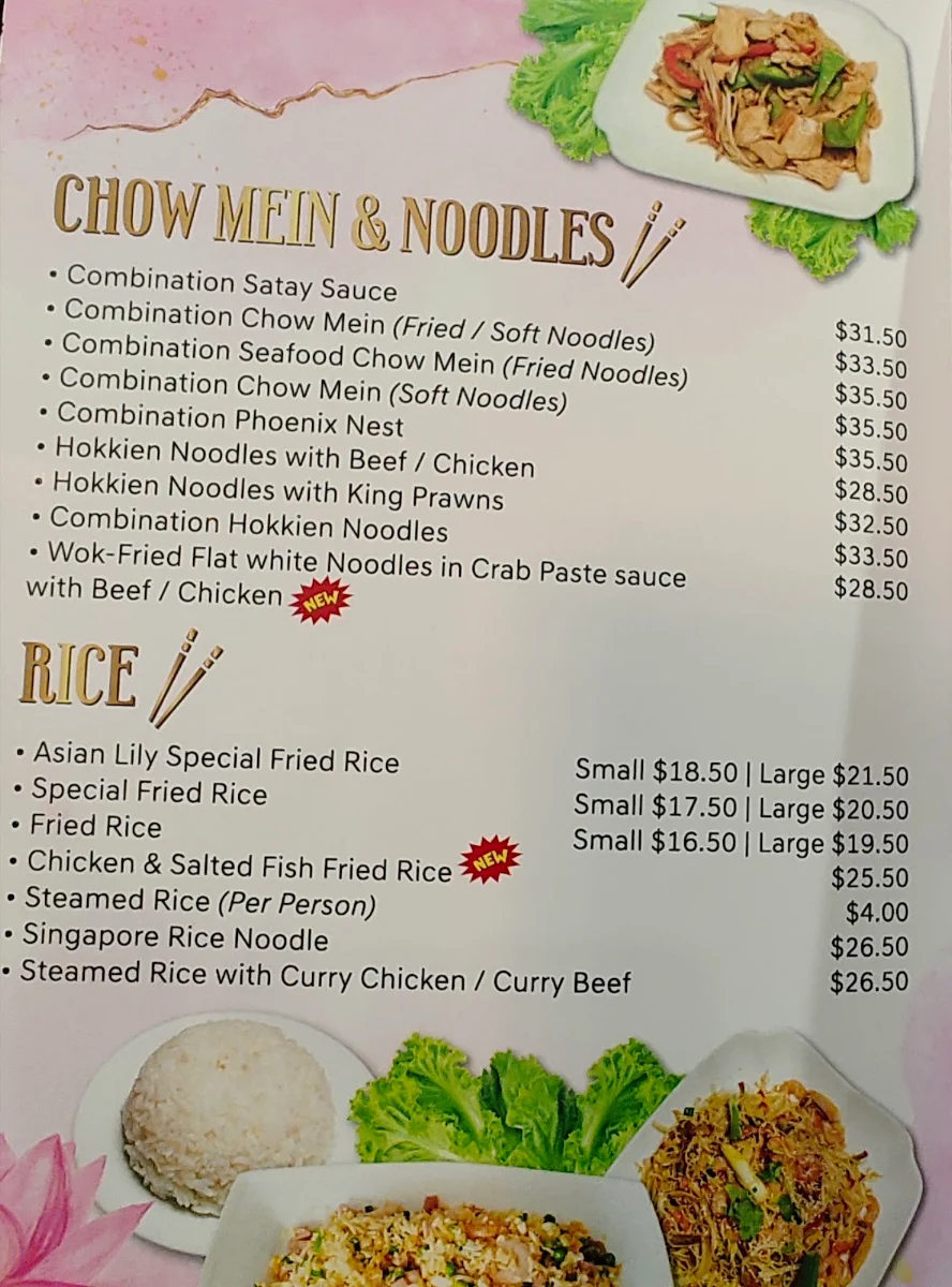 Menu, Asian Lily Chinese Restaurant
