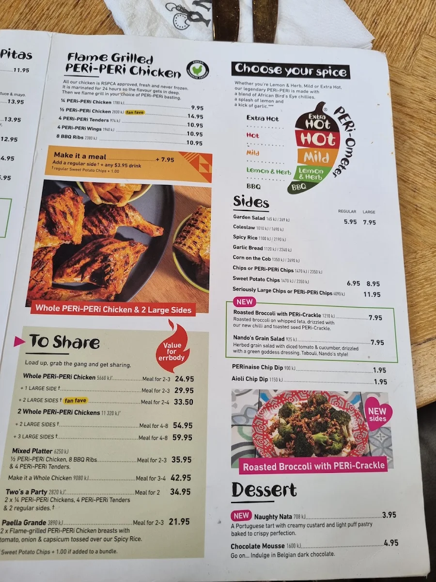 Menu, Nando's Wetherill Park