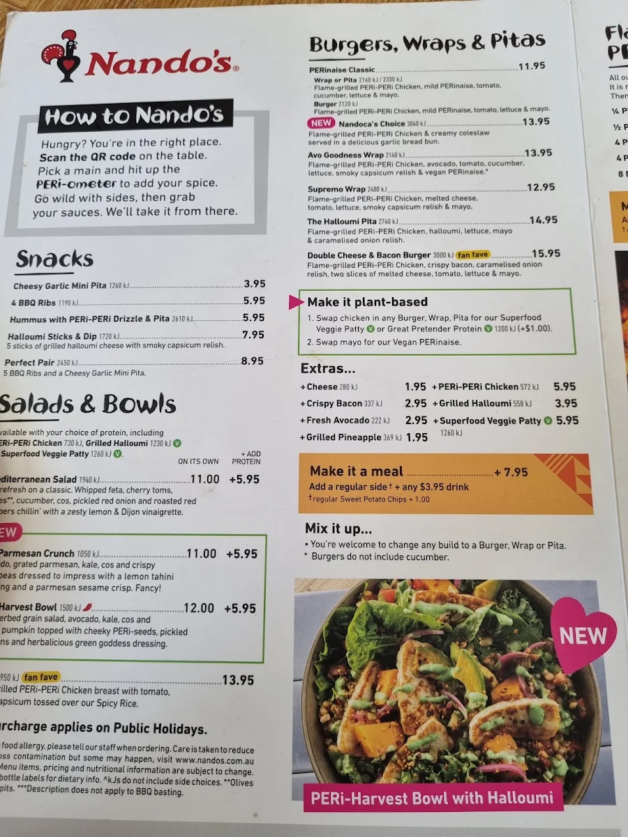 Menu, Nando's Wetherill Park