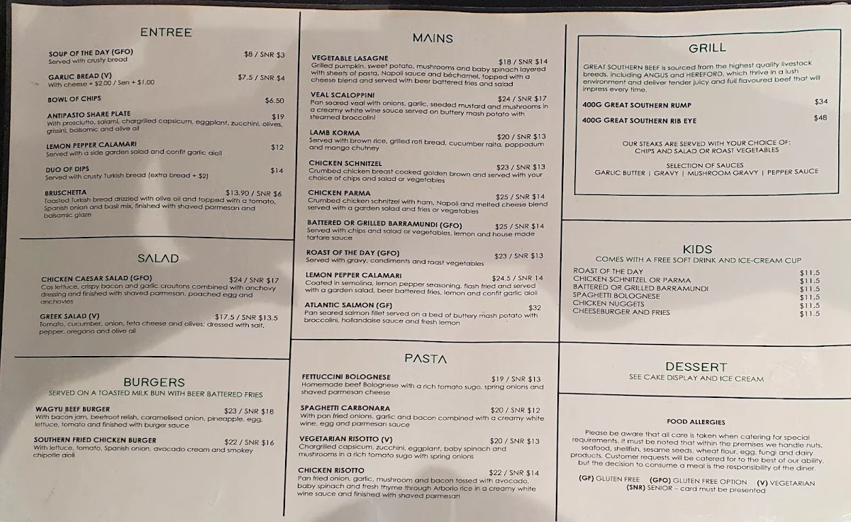 Menu, Templestowe Hotel