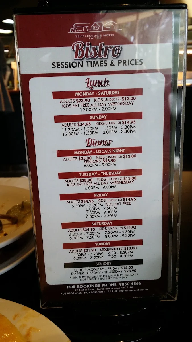 Menu, Templestowe Hotel