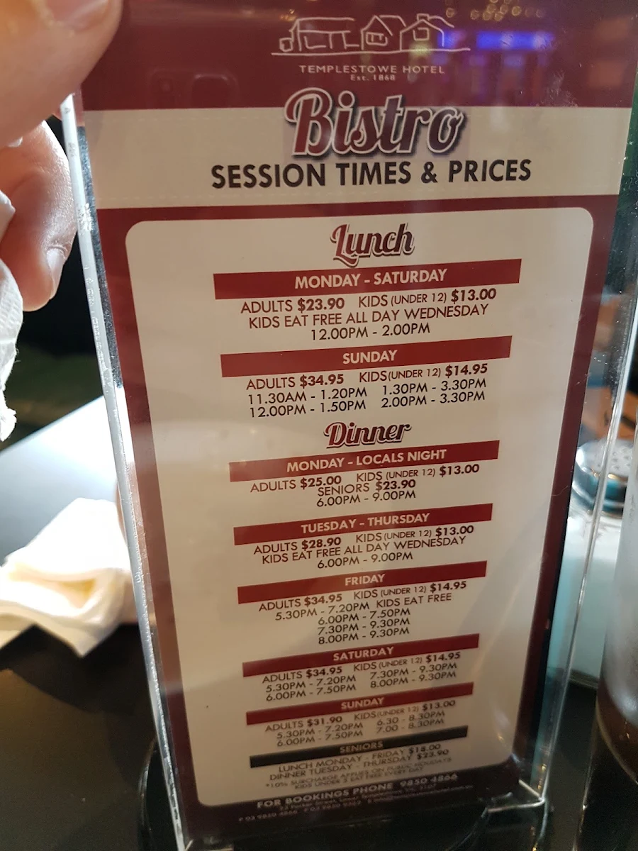 Menu, Templestowe Hotel
