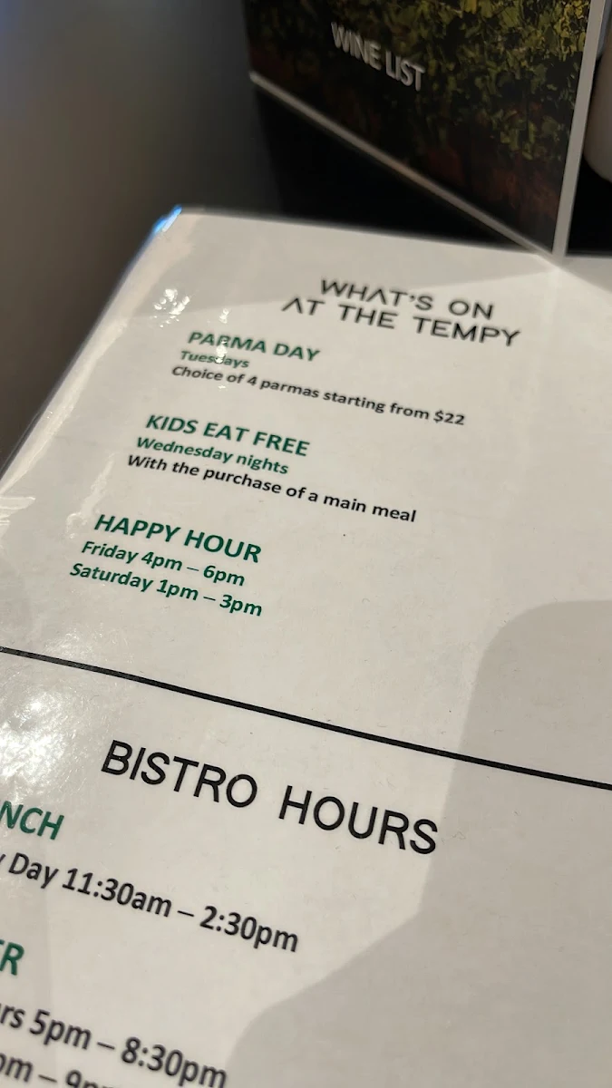 Menu, Templestowe Hotel