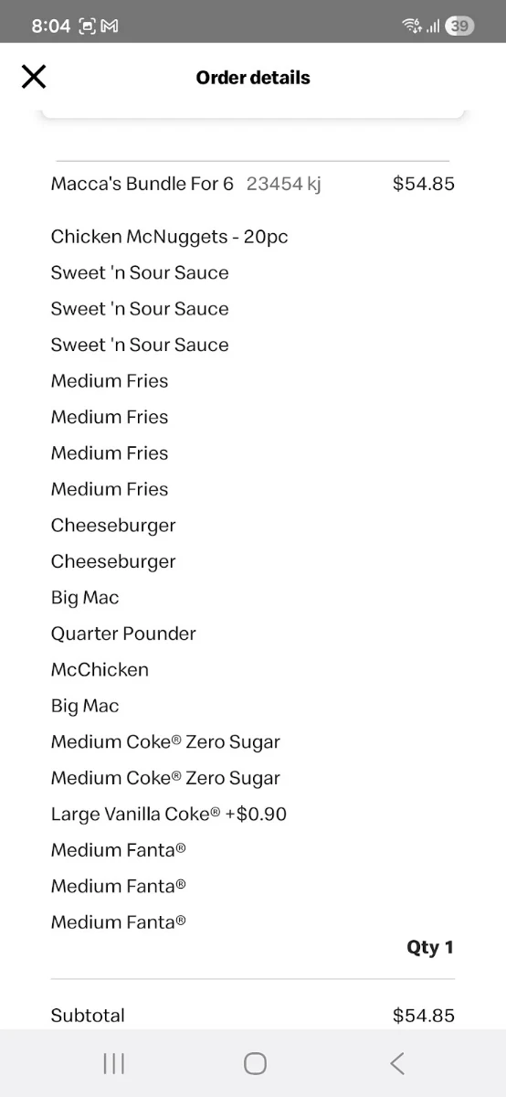 Menu, McDonald's Marsden