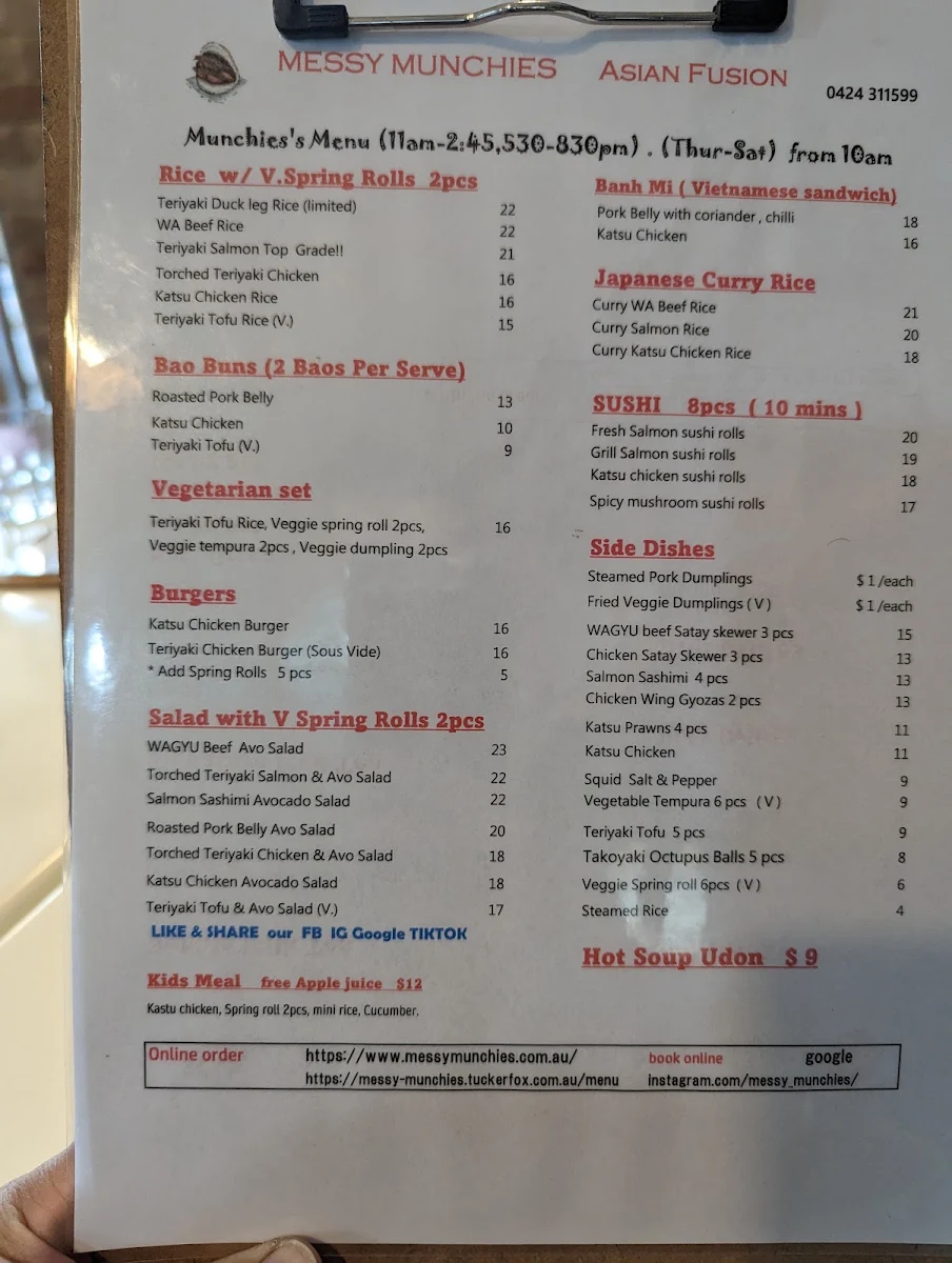 Menu, Messy Munchies Japan Applecross