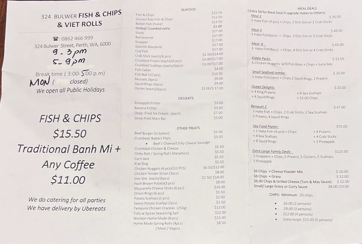 Menu, 324 Bulwer Fish & Chips & Viet Rolls
