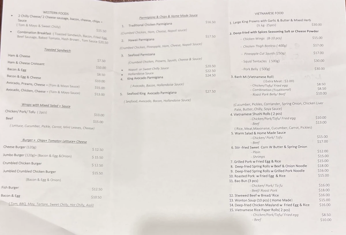 Menu, 324 Bulwer Fish & Chips & Viet Rolls