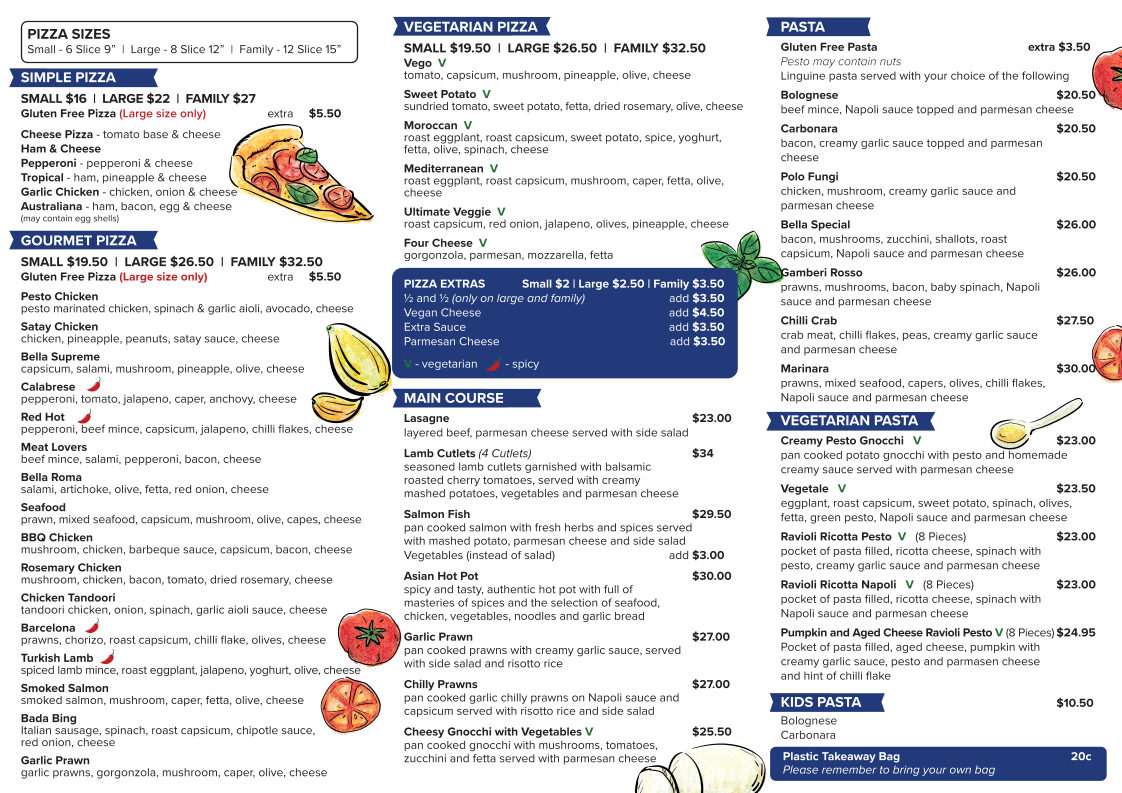 Menu, Bella Vista Pizza & Pasta