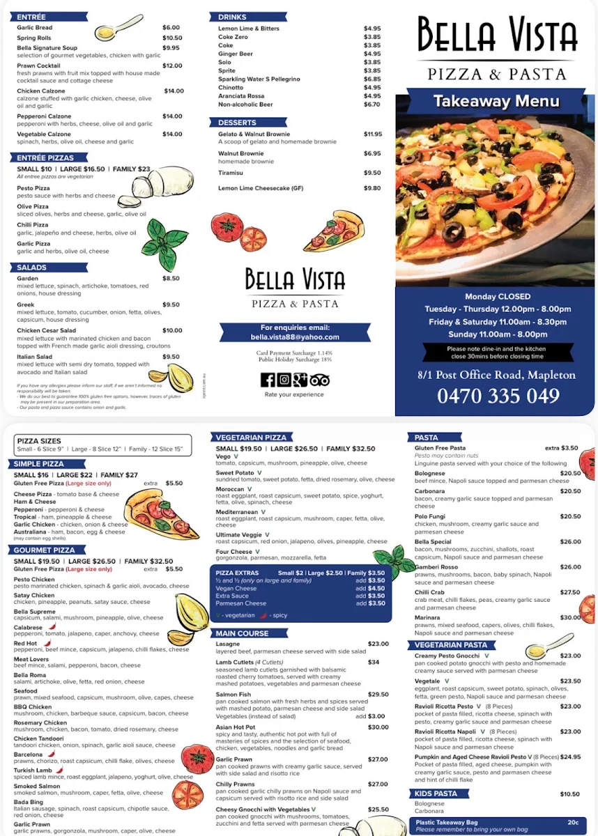 Menu, Bella Vista Pizza & Pasta