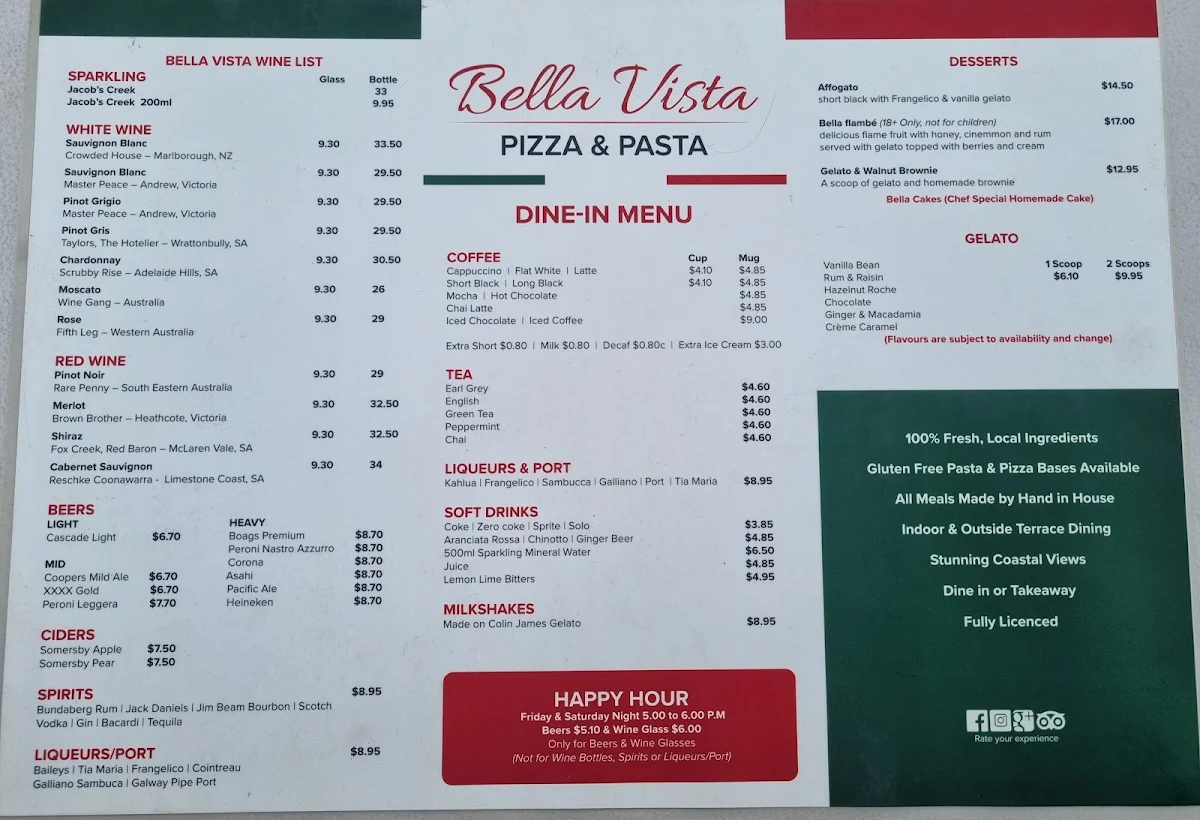 Menu, Bella Vista Pizza & Pasta