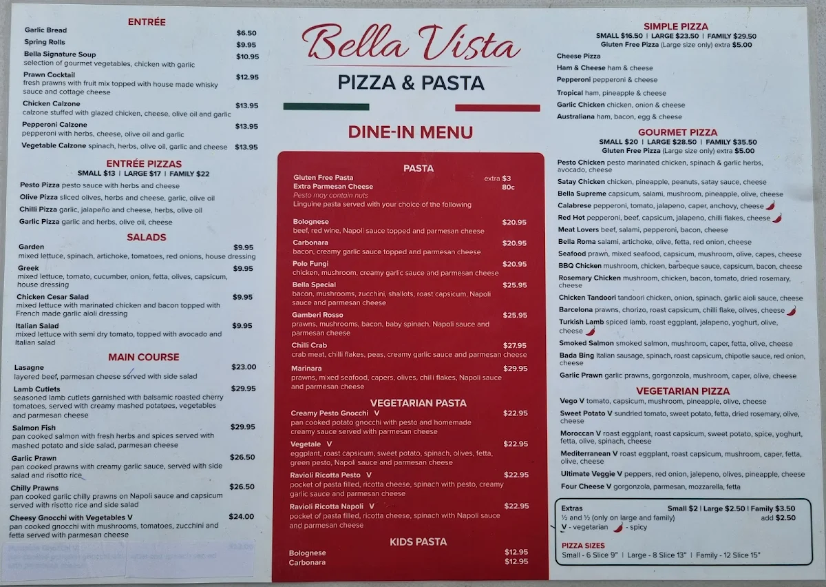 Menu, Bella Vista Pizza & Pasta