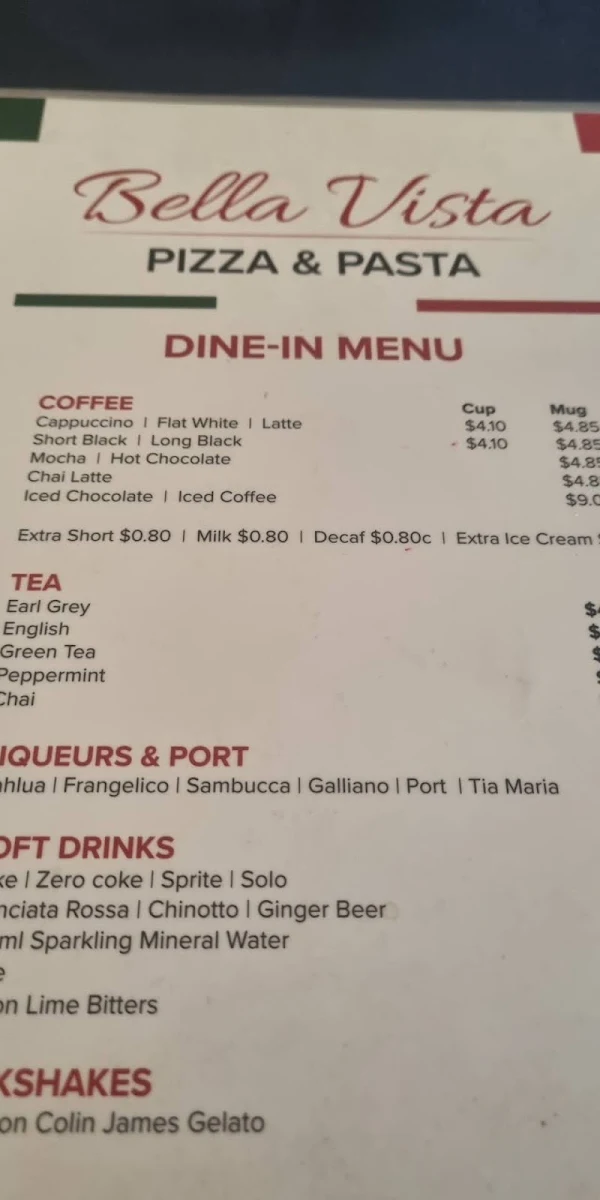 Menu, Bella Vista Pizza & Pasta