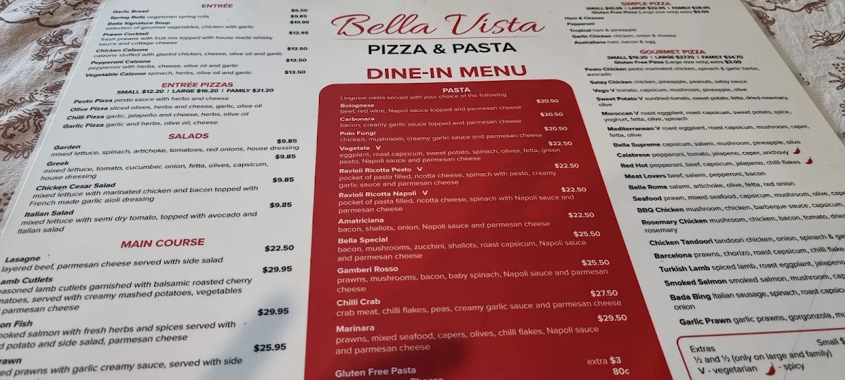 Menu, Bella Vista Pizza & Pasta
