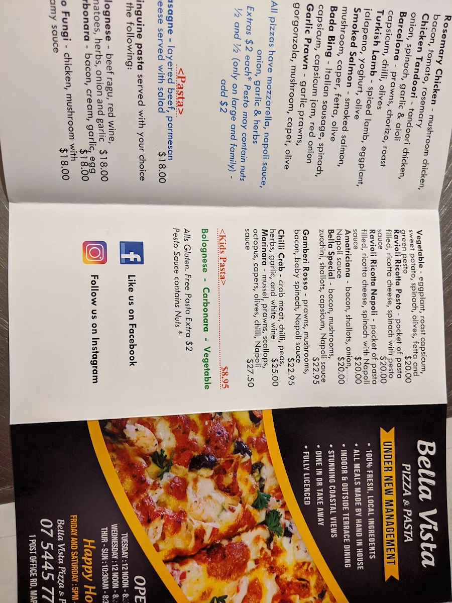 Menu, Bella Vista Pizza & Pasta