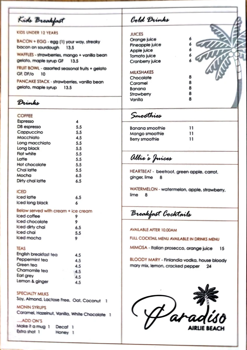Menu, Paradiso Airlie Beach