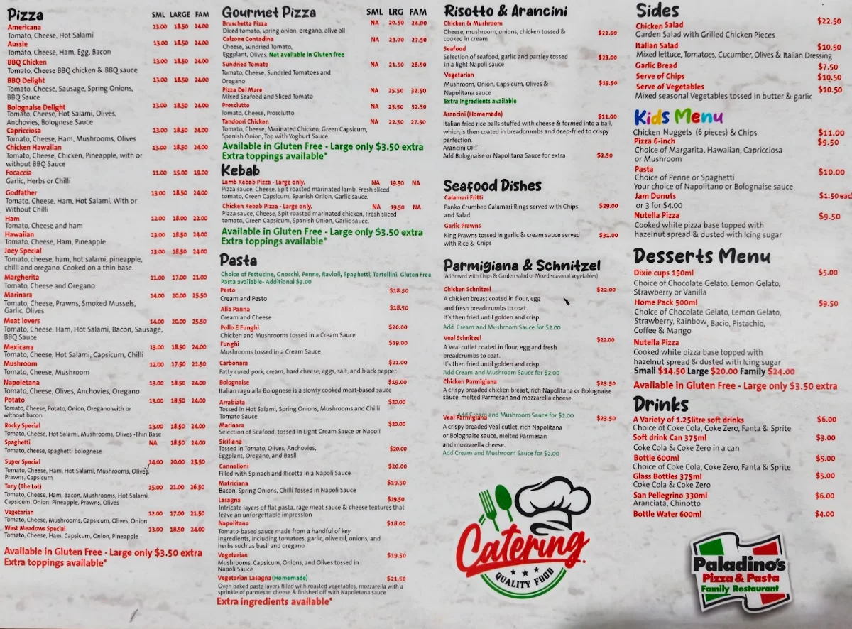 Menu, Paladinos Pizza & Pasta