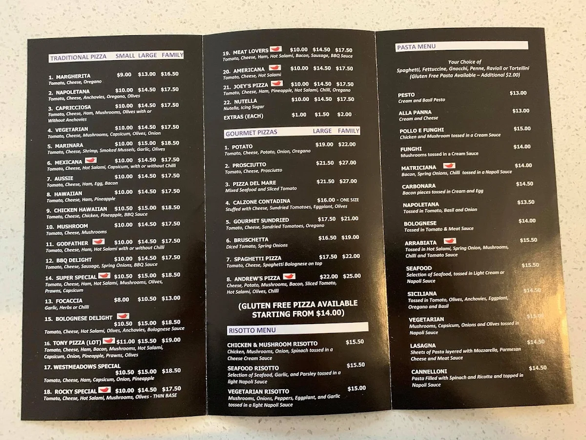 Menu, Paladinos Pizza & Pasta