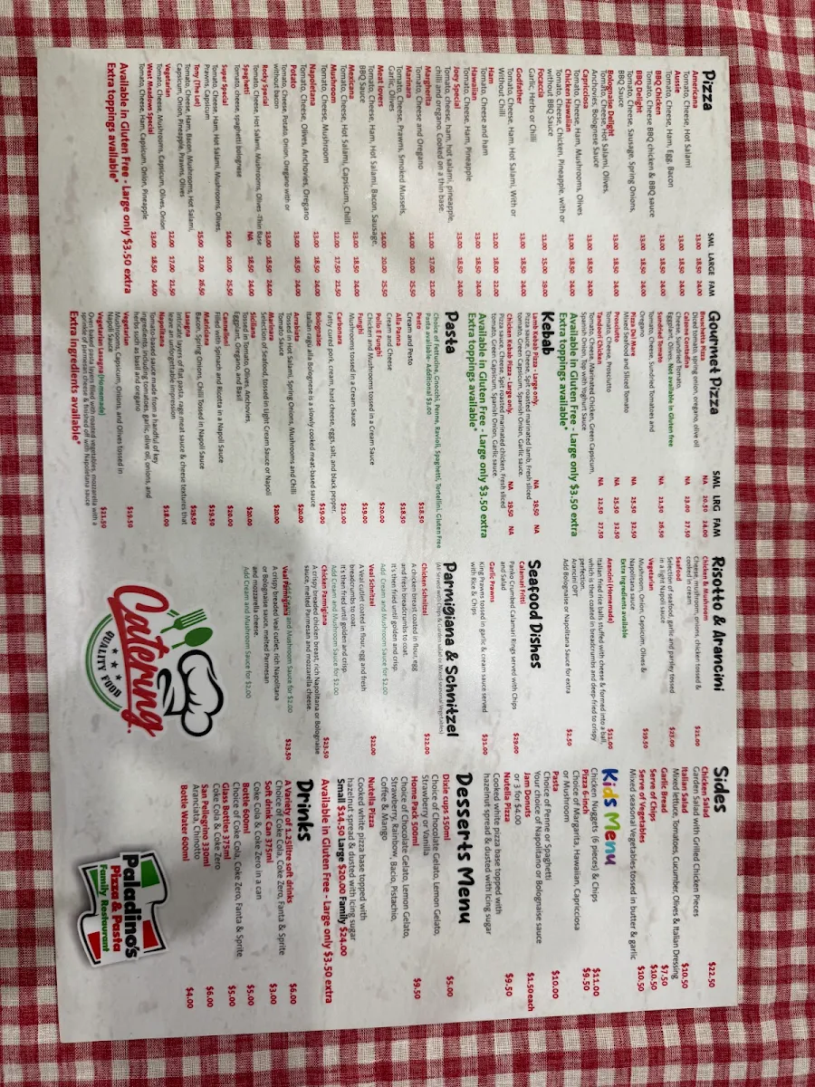 Menu, Paladinos Pizza & Pasta