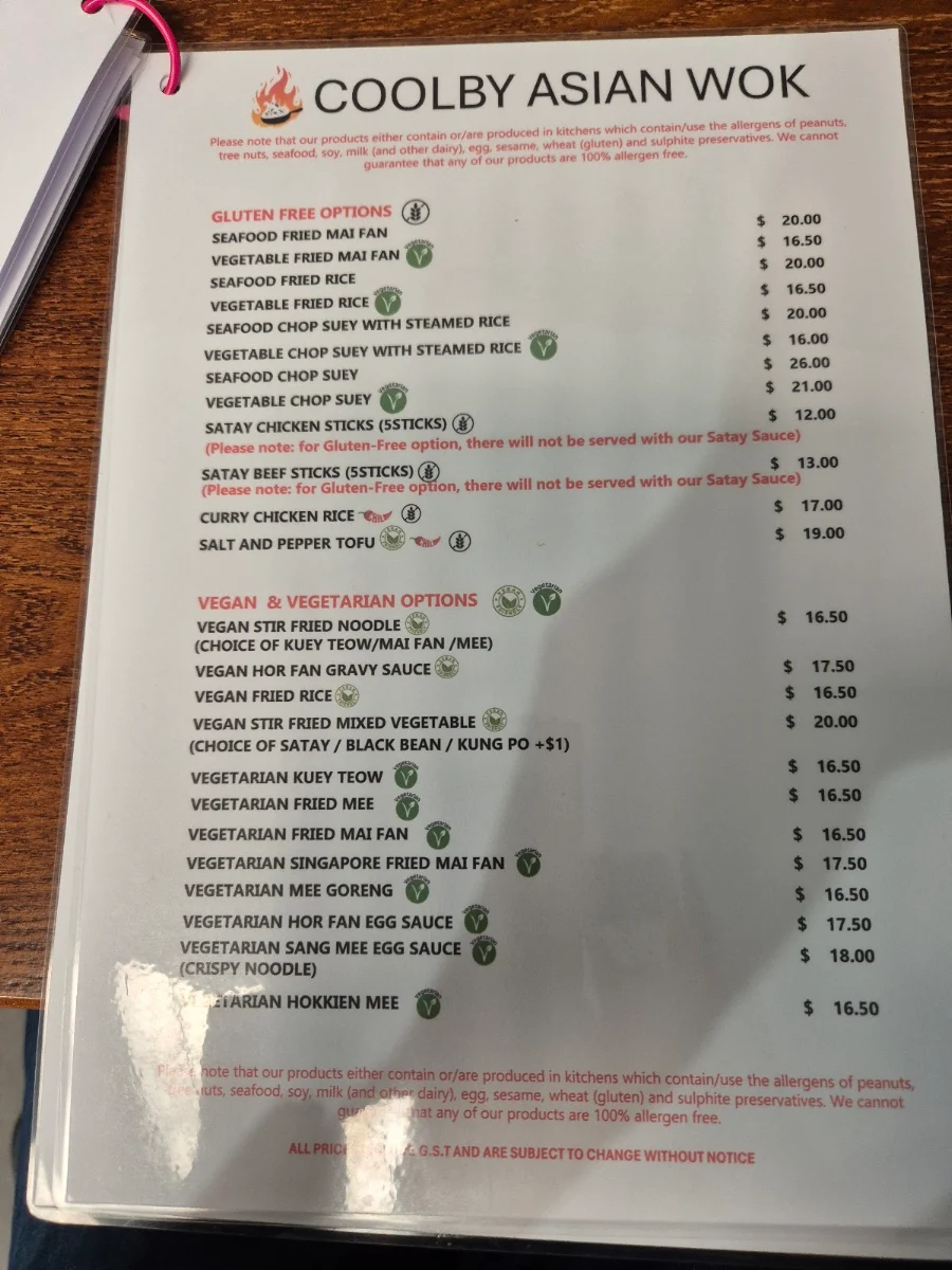 Menu, Coolby Asian Wok