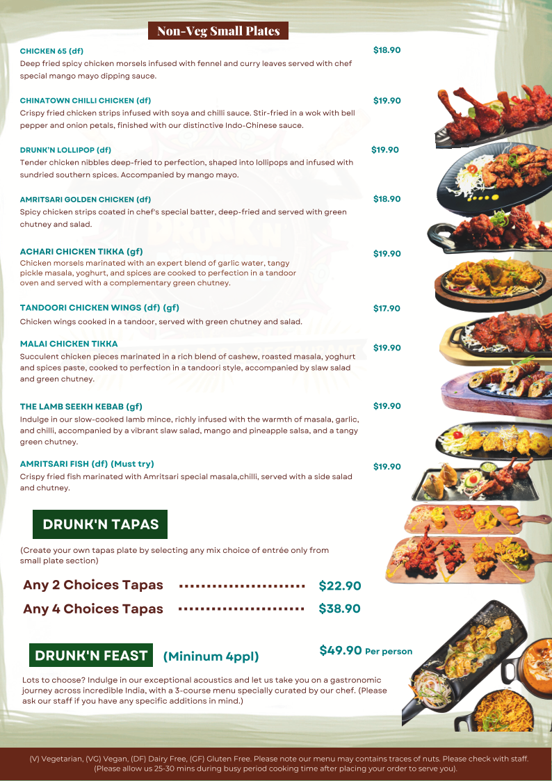 Menu, Drunken Monkey Indian Tapas Bar & Restaurant