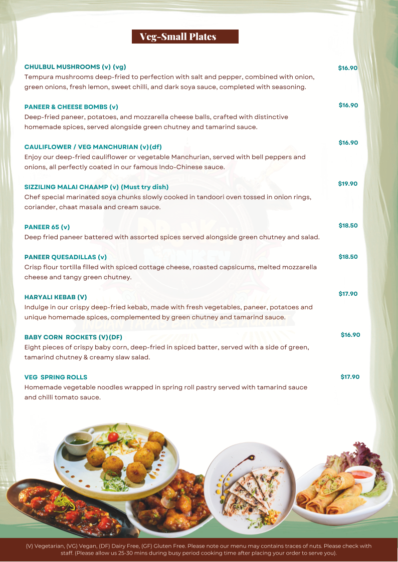 Menu, Drunken Monkey Indian Tapas Bar & Restaurant