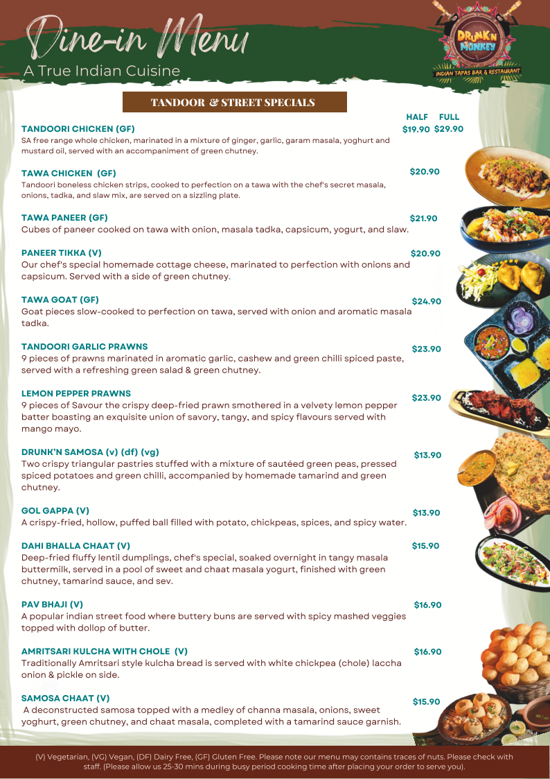 Menu, Drunken Monkey Indian Tapas Bar & Restaurant