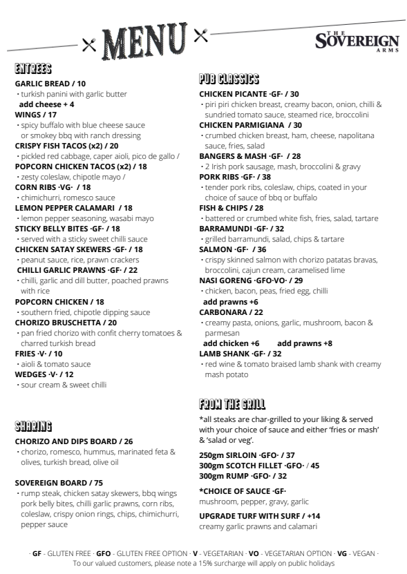 Menu, The Sovereign Arms