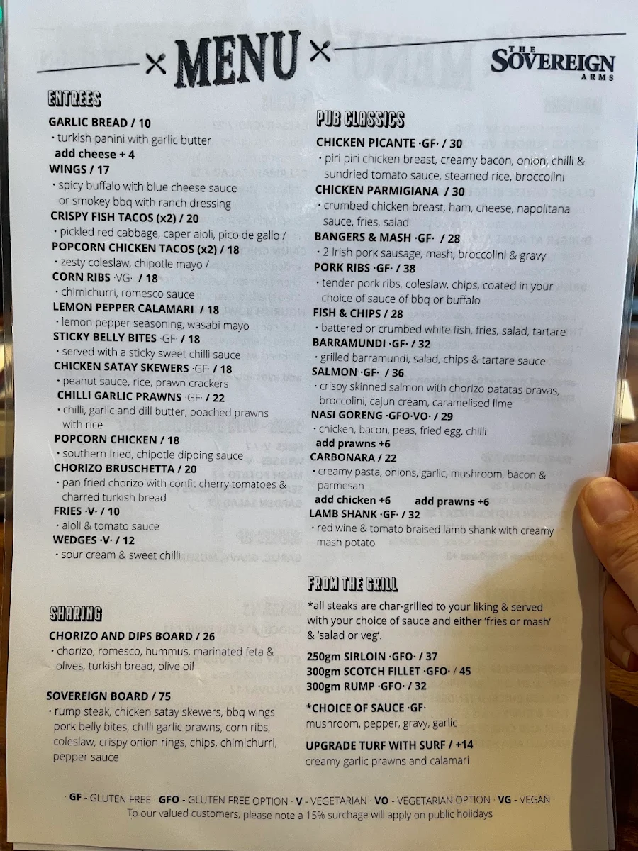 Menu, The Sovereign Arms