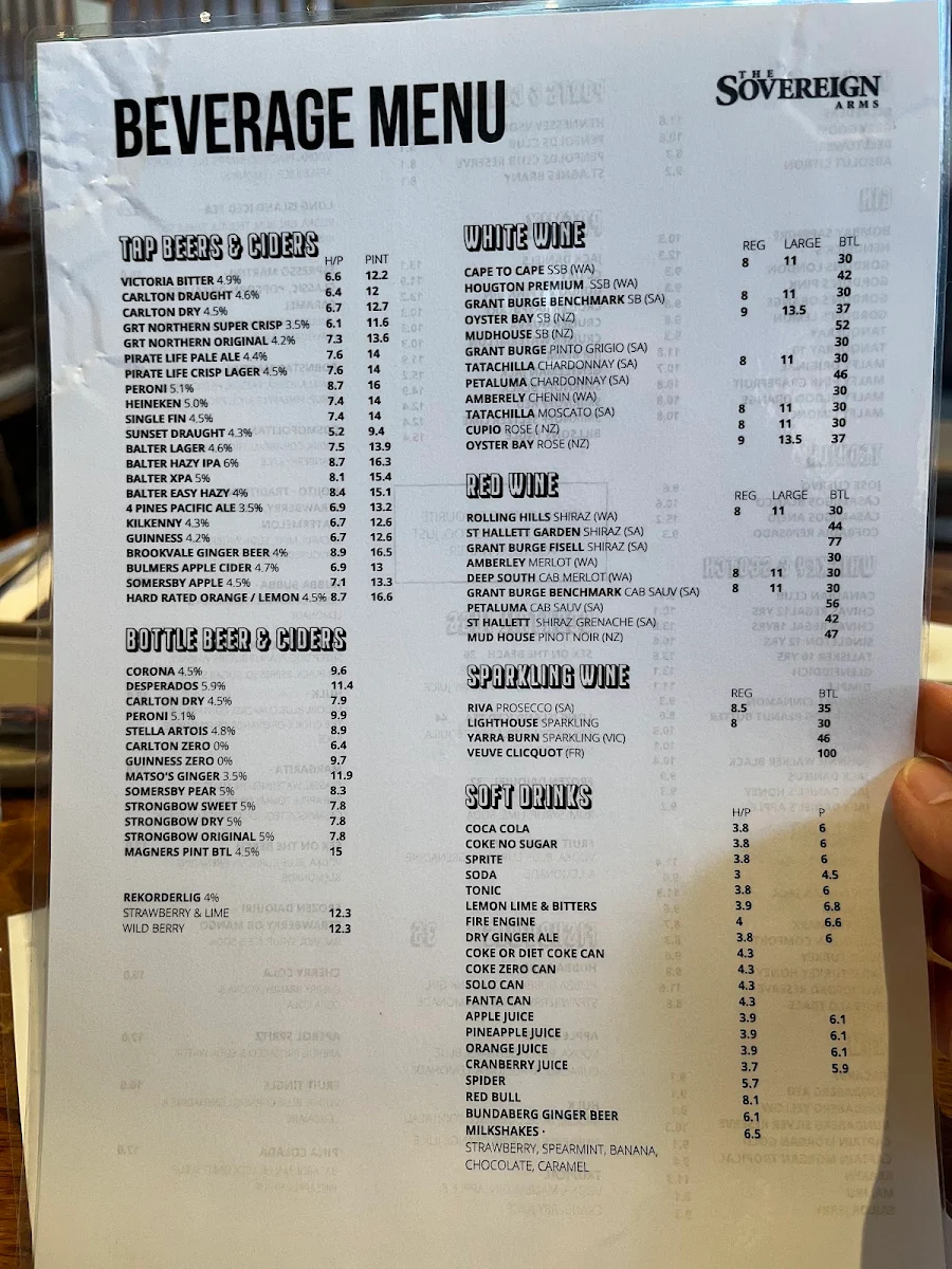 Menu, The Sovereign Arms