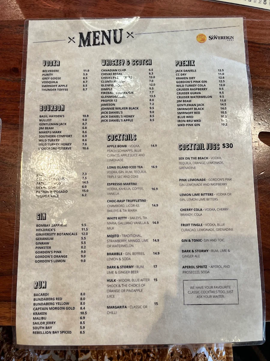Menu, The Sovereign Arms