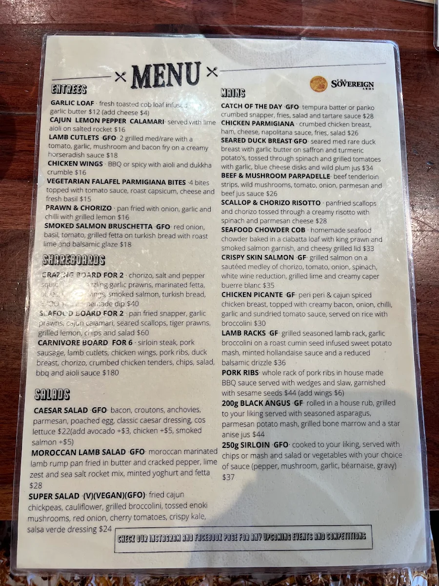 Menu, The Sovereign Arms