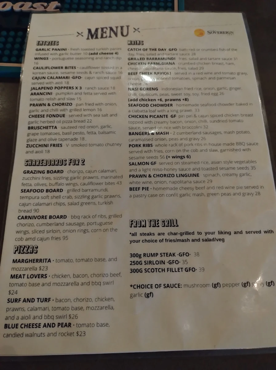 Menu, The Sovereign Arms