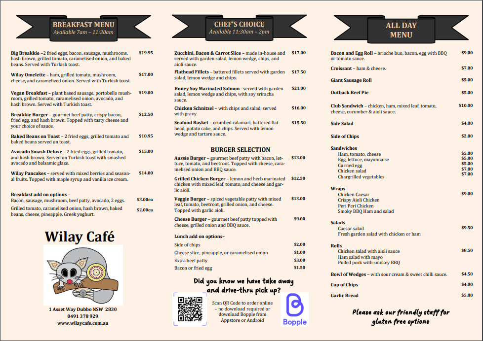 Menu, Wilay Cafe