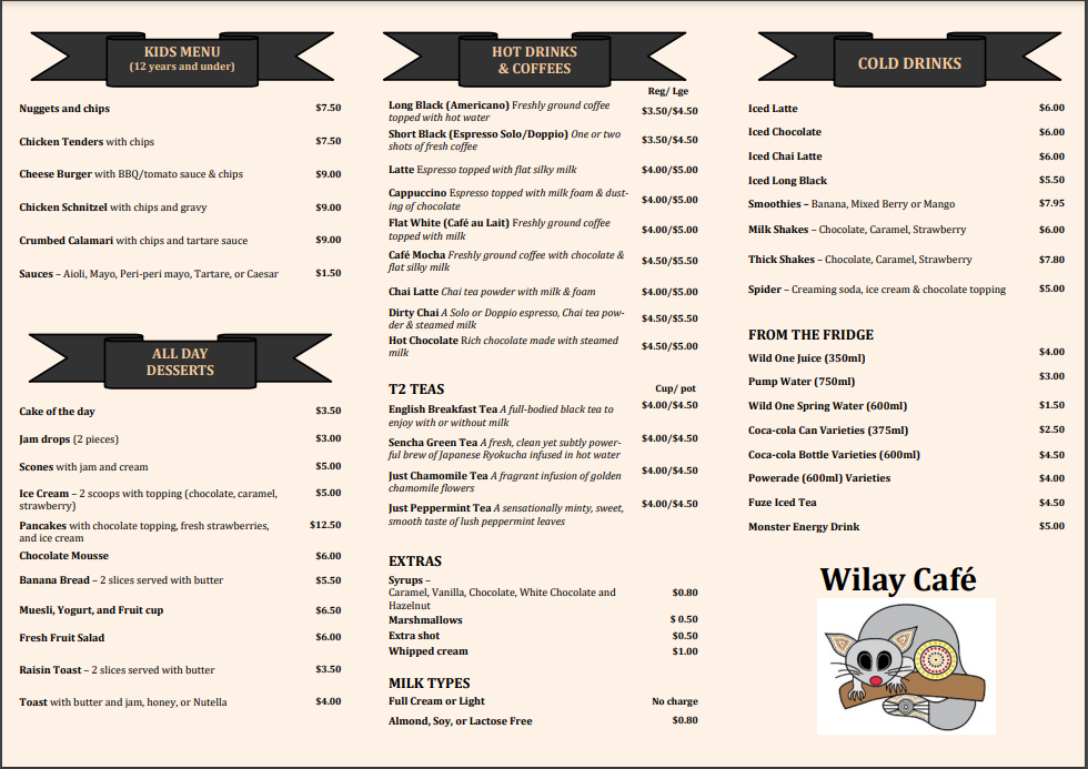 Menu, Wilay Cafe